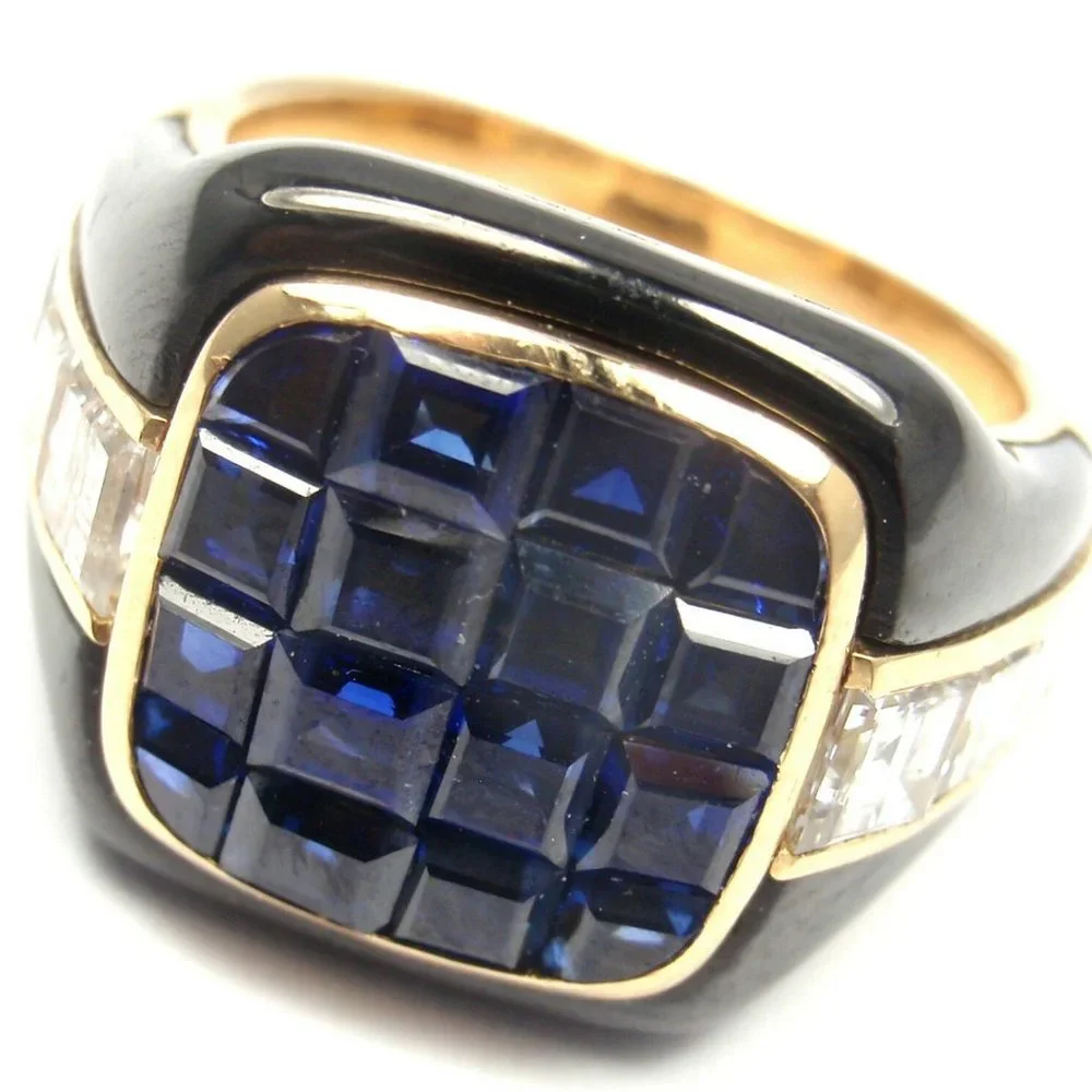 Piaget 18k Yellow Gold Diamond Invisible Set Sapphire Enamel Ring - Picture 1 of 9